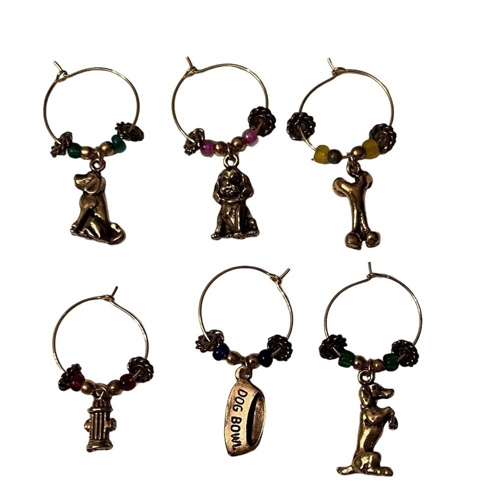 Dog Lovers Wine Glass Charms Set of 6 | Cute Pup Themed Drink Markers